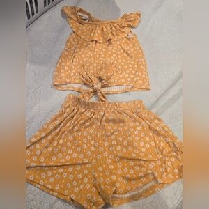 Yellow Floral Tie-Front Crop Top & Shorts Set